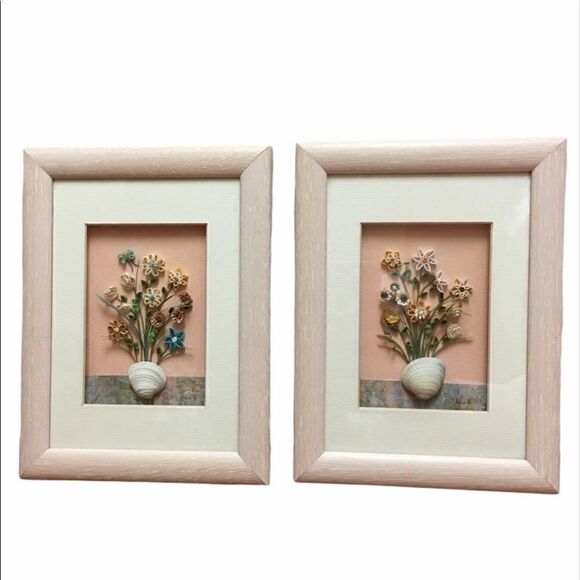 Quill Art Set Artist Signed Floral Shell Motif in Shadow Box - Picture 3 of 16